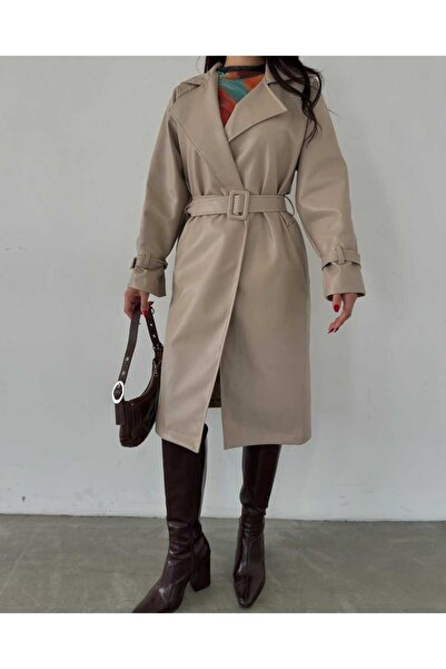 MAS BUTİK KADIN SUNİ BELİ KEMERLİ ASTARLI DERİ TRENÇKOT
