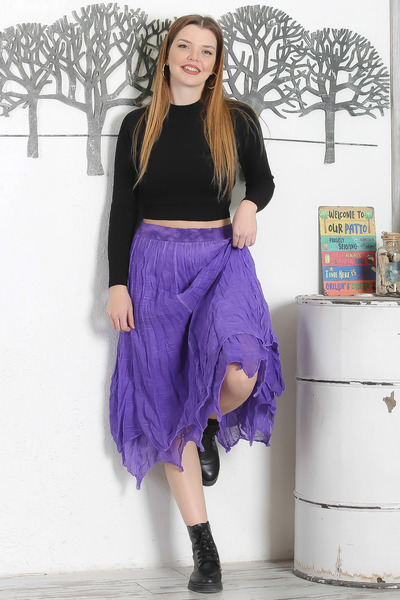 Chiccy Purple Lined Washed Elastic Waist Casual Asymmetrical Woven Skirt