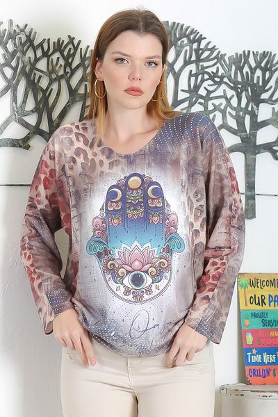 Chiccy Bluză tricotată casual cu mânecă lungă, cu decolteu de piscină, multicoloră, imprimată digital