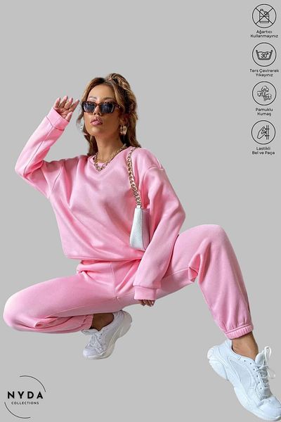 Nyda Collections Ροζ φούτερ με λαιμόκοψη και σετ φόρμας Jogger Oversize - Βαμβακερό