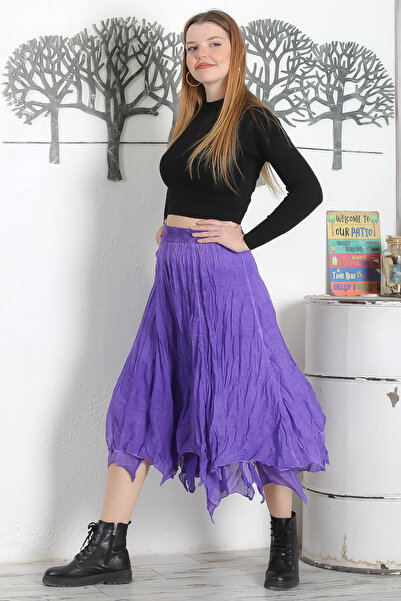 Chiccy Purple Lined Washed Elastic Waist Casual Asymmetrical Woven Skirt