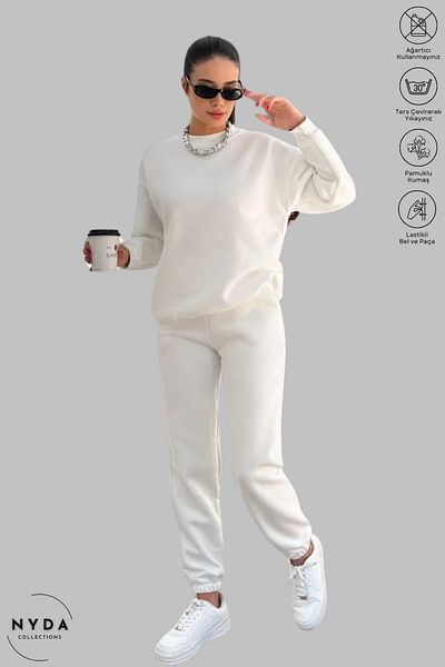 Nyda Collections Λευκό φούτερ με λαιμόκοψη και σετ φόρμας Jogger - Oversize, ελαστικό, βαμβακερό