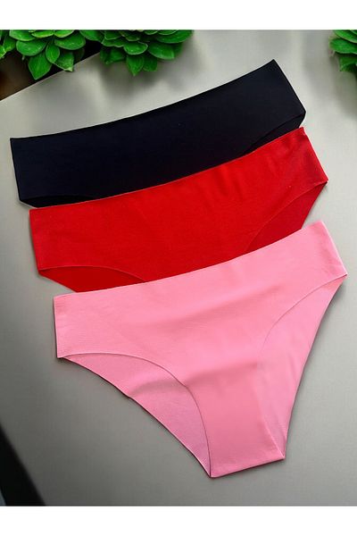 my cherie Set 3 piese fără cusături tăiat cu laser - Chiloți bikini slip Lycra Roz Roșu Negru