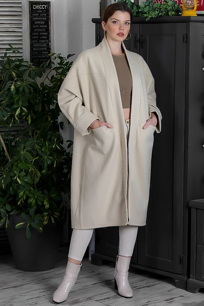 Chiccy Mânecă liliac cu guler kimono bej italian, fără închidere, buzunar ascuns, haină țesătă casual cu ștampilă