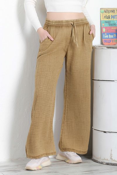 Chiccy Culoarea muștarului, cu buzunar dublu, elastic și cu cravată în talie, pantaloni țesuți casual din muselină cu picioare largi