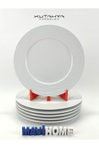 Kütahya Porselen 25 cm White Serving Plate with Wave Pattern on the Edges Set of 6
