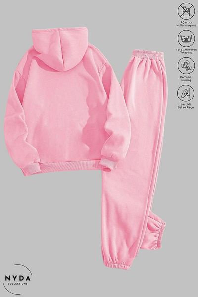 Nyda Collections Ροζ φούτερ με κουκούλα και ελαστικό Jogger Sweatpants - Σετ βαμβακερή φόρμα oversize