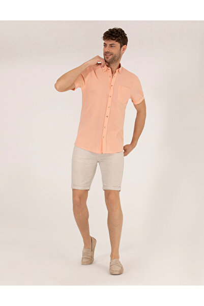 Pierre Cardin Bej Slim Fit Keten Karışımlı Beli Lastikli Bağcıklı Bermuda Şort 50268216-VR011