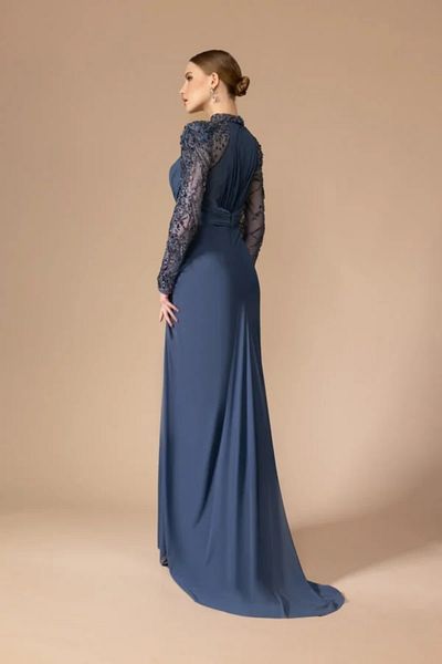Kenzel Embroidered Transparent Long Sleeve Detail Slit Long Dress-7066
