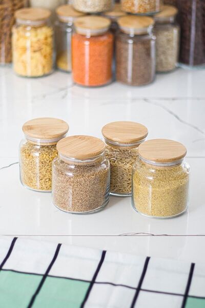 Albergio 4-Piece Bamboo Lid Vacuum Small Size Glass Jar Storage Container 500ml