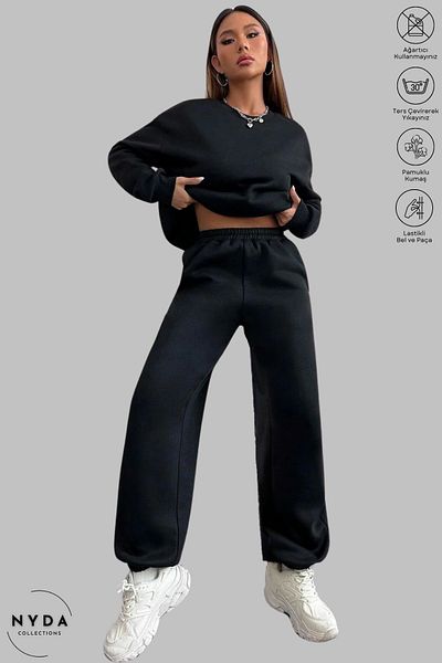 Nyda Collections Oversize βαμβακερή αθλητική φόρμα - Φούτερ με λαιμόκοψη και φούτερ με τσέπες