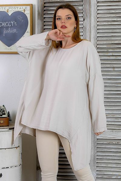 Chiccy Italian Beige Round Neck Long Sleeve Casual Linen Blended Asymmetrical Knitted Tunic