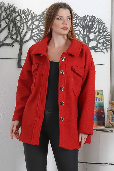 Chiccy Dark Red Italian Woven Boucle Jacket - Shirt Collar, Long Sleeve, Button, Double Flap Pocket