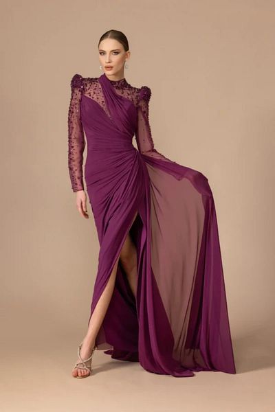 Kenzel Transparent Long Sleeve Slit Long Dress-7065