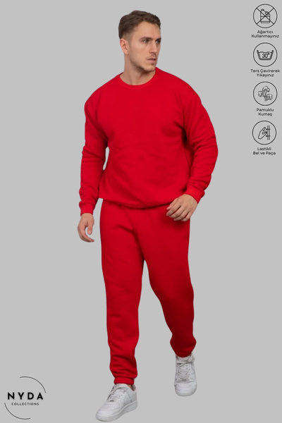 Nyda Collections Red Oversize Cotton Tracksuit Set - Crew Neck Sweatshirt and Rubber Jogger Bottoms