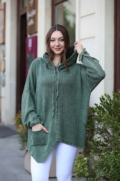 AYASOFYA OTANTIK Women's Khaki Hooded Patterned Antique Asymmetrical Loose Oversize Cotton Knitwear Cardigan with Bag Pocket