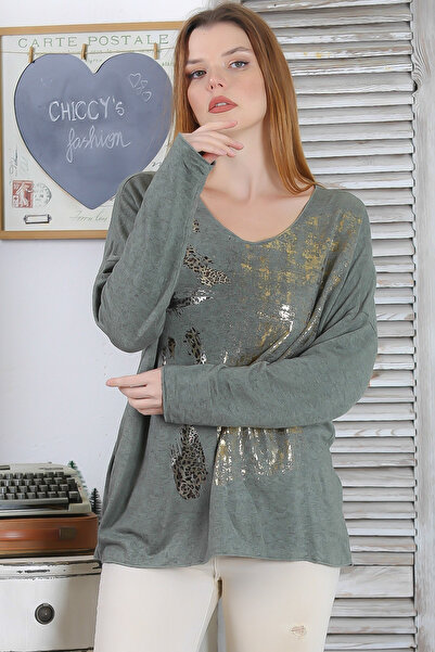 Chiccy Ιταλική Χακί Πισίνα με μακρυμάνικο φύλλο εμπριμέ casual πλεκτή μπλούζα