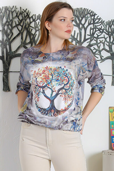 Chiccy Italian Multicolor Round Neck Long Sleeve Tied Digital Printed Casual Knitwear Blouse