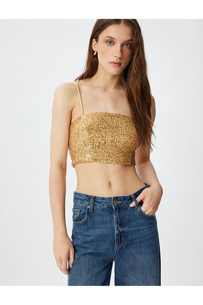 Koton Slim-Fit-Crop-Bluse mit quadratischem Kragen – Pailletten-Pailletten und Seilträger