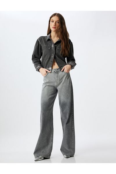 Koton Standard Waist Jeans - Wide Leg, Buttoned Pocket
