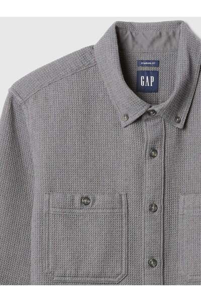 GAP Erkek Gri Waffle Örgü Flannel Gömlek