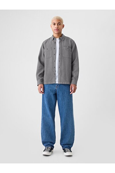 GAP Erkek Gri Waffle Örgü Flannel Gömlek