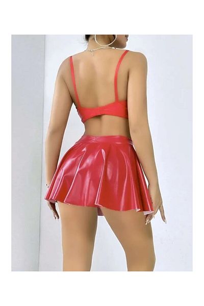 ESİLORA Women's Red Leather Look Sexy Fancy Mini Dress Design Costume