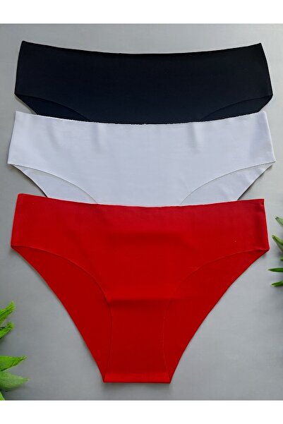 Genel Markalar Kadın 3'lü Takım Lazer Kesim Dikişsiz Likralı İz Yapmaz Slip Bikini Külot Kırmızı Siyah Beyaz