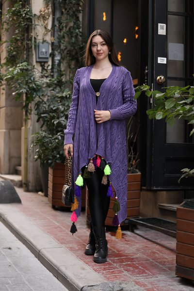 AYASOFYA OTANTIK Фіолетова в'язана кофта з довгими рукавами та пишними бахром...