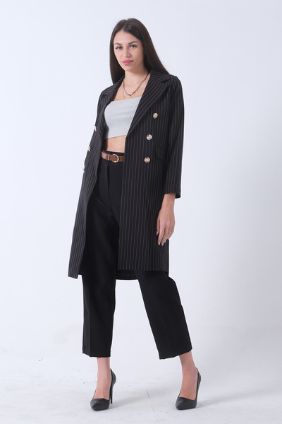 Feminist Klasik Yaka Çizgili Uzun Ceket Siyah 08091161