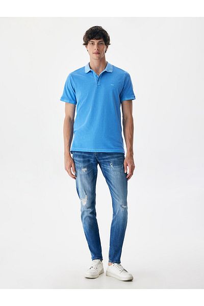 Ltb Tricou albastru cu gât polo cu efect decolorat