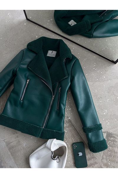 WellWay Green Lamb Leather Fur Lined Coat