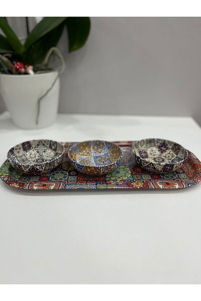 ADOR TASARIM Bohemian Pattern Snack Bowl with Metal Tray