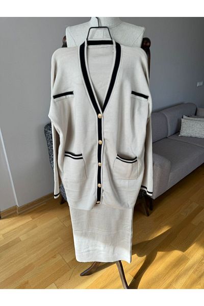 Natavanbutık Beige Yellow Buttoned Cardigan Skirt Knitwear Set