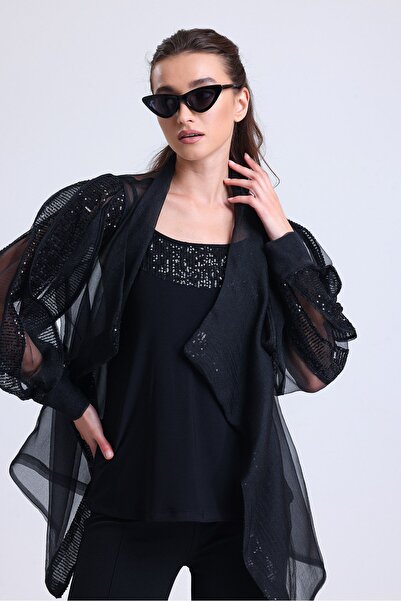 Zera luxury Şal Yaka Organze Tunik Siyah