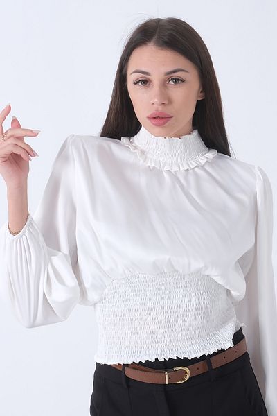 Feminist Oversize Satin Blouse - Gimped Collar and Skirt, White 3972990