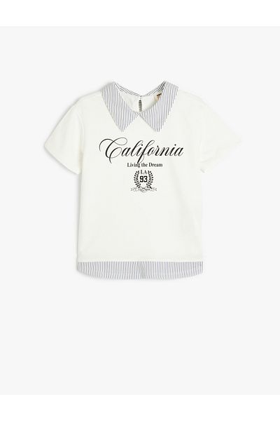 Koton Cotton Shirt Collar T-Shirt - Slogan Printed, Double Fabric Detail