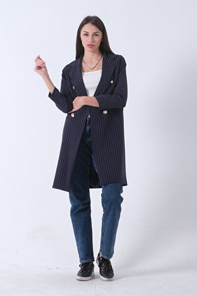 Feminist Klasik Yaka Çizgili Uzun Ceket Lacivert 08091161