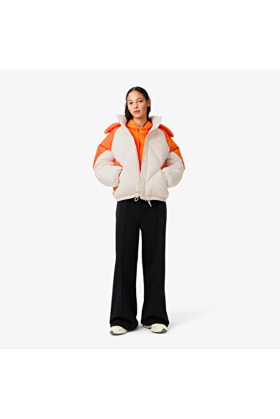 Lacoste Kadın Oversize Fit Kapüşonlu Renk Bloklu Krem Şişme Mont