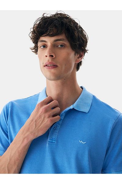 Ltb Tricou albastru cu gât polo cu efect decolorat