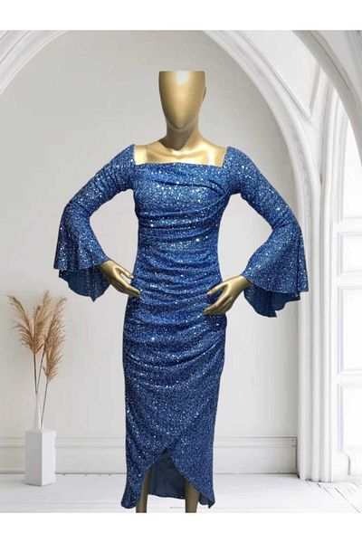 Robes Βραδινό φόρεμα με στράπλες διπλό στήθος με παγιέτες - μακρύ μανίκι με βολάν, φούστα με κορδόνι