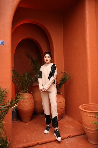 MİMİ Luxury Wear Γυναικεία αθλητική φόρμα 100% Γκρι Βαμβακερή Μπεζ Hijab Γυναικεία Σετ