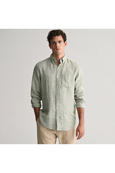 Gant Erkek Yeşil Regular Fit Düğmeli Yaka Keten Gömlek
