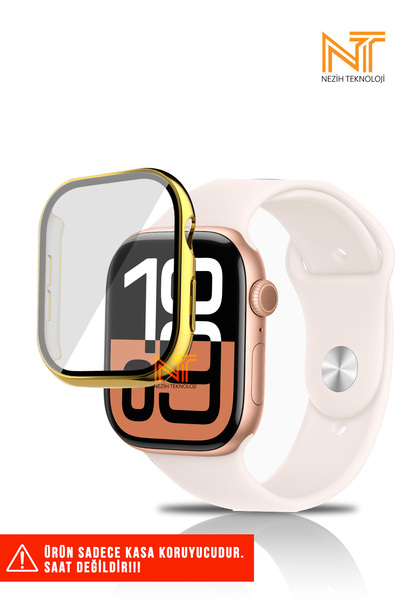 Nezih Case Apple Watch Serisi 10 42mm Sert PC Kasa Metal Kaplama (Electroplating) Çerçeveli Ekran Koruyucu