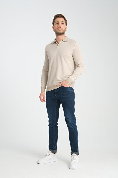 GW Marino Men's Textured Jacquard Slim Fit Open Polo Collar Long Sleeve Knitwear Sweater