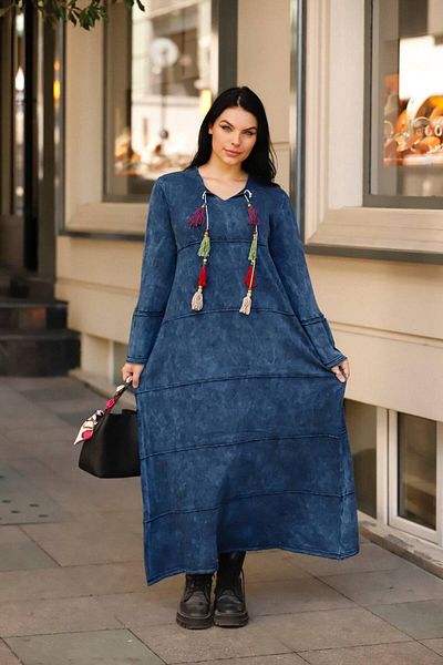 AYASOFYA OTANTIK Rochie de damă, albastru bleumarin, cu mânecă lungă, din tricotaje din bumbac