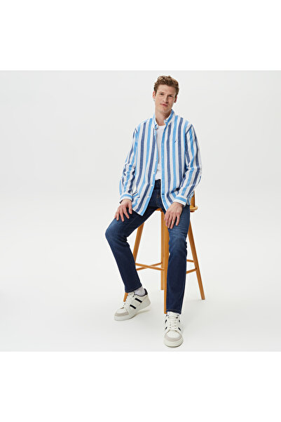 Nautica Erkek Mavi Classic Fit Uzun Kollu Keten Çizgili Gömlek