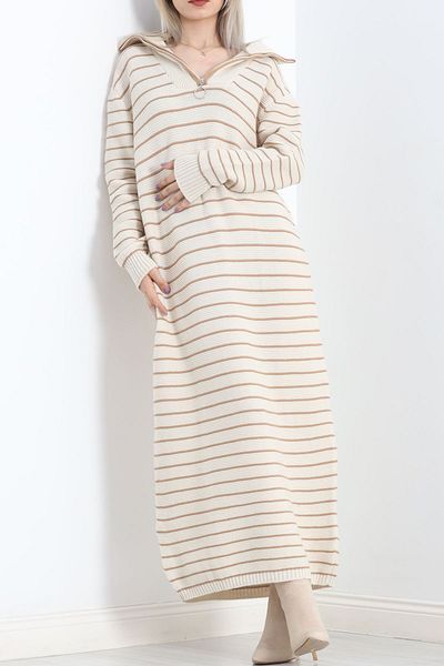 a look Zipper Collar Knitwear Women's Dress Flexible Structured Cotton Women's Neck Dress