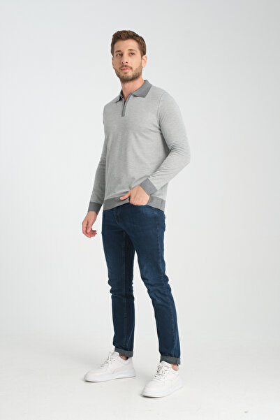 GW ASAU Чоловічий трикотажний светр з довгими рукавами, коміром-поло, застібкою-блискавкою та рельєфним візерунком