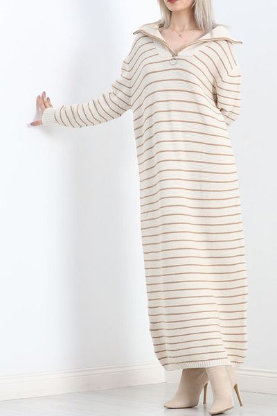 a look Zipper Collar Knitwear Women's Dress Flexible Structured Cotton Women's Neck Dress